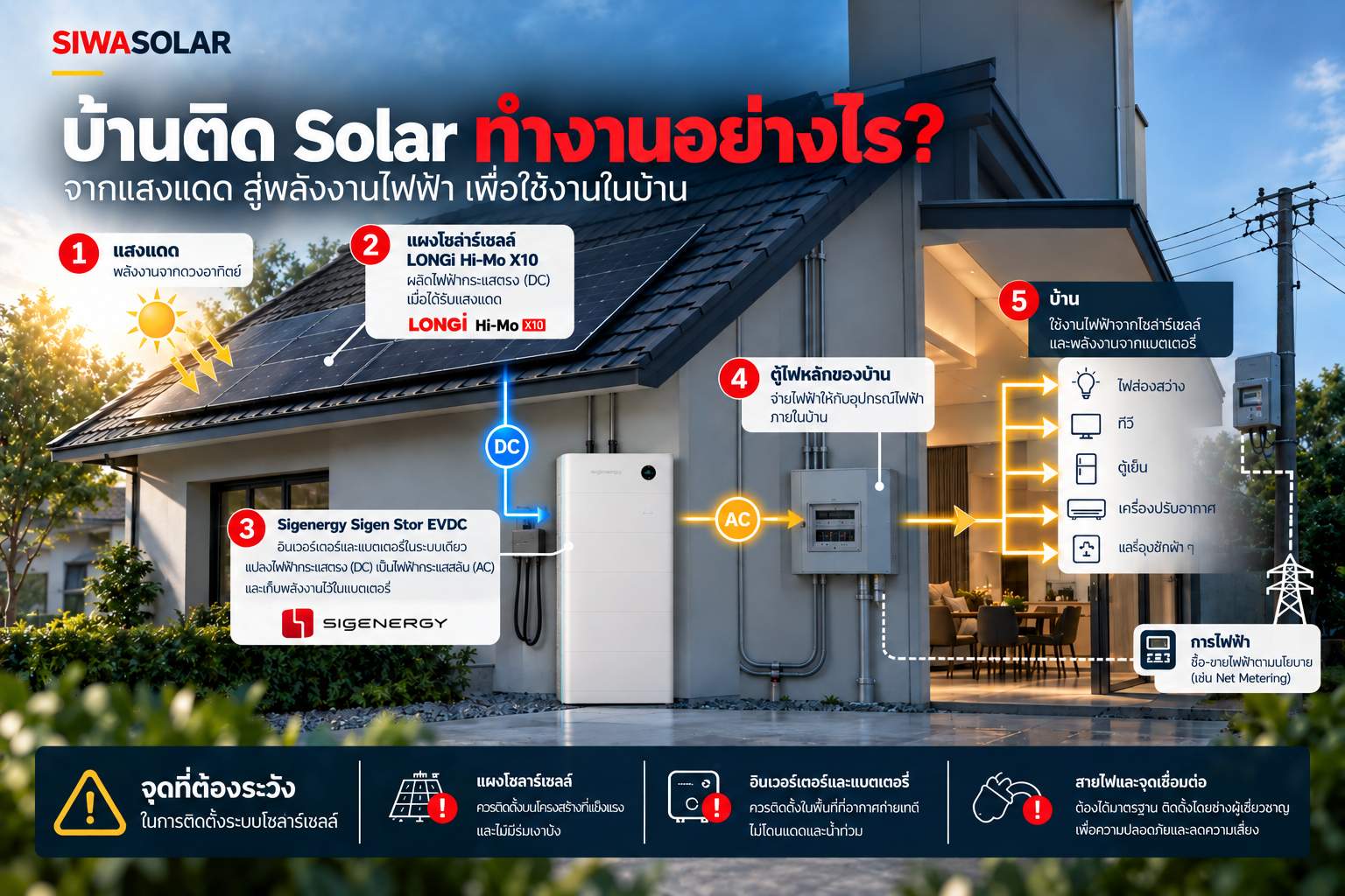 การทำงานของระบบโซลาร์ LONGi Hi-MO X10 จากไฟ DC ผ่าน Inverter และ Battery ไปเป็นไฟ AC ภายในบ้าน